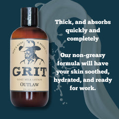 GRIT Goat Milk Lotion Outlaw packaging highlights USA-made quality and care.