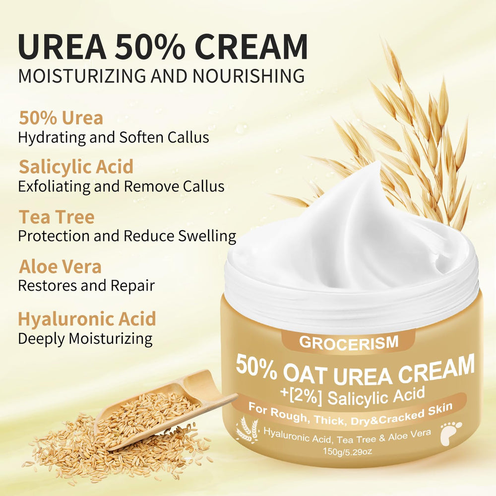 Grocerism Urea Cream enriched with hyaluronic acid provides lasting moisture.