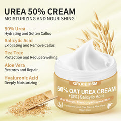 Grocerism Urea Cream enriched with hyaluronic acid provides lasting moisture.