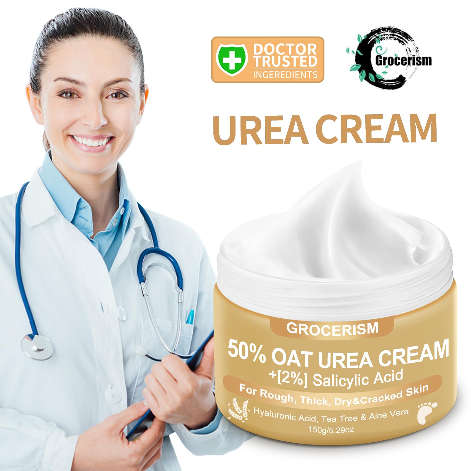 Grocerism Urea Cream featuring tea tree and aloe supports barrier resilience.