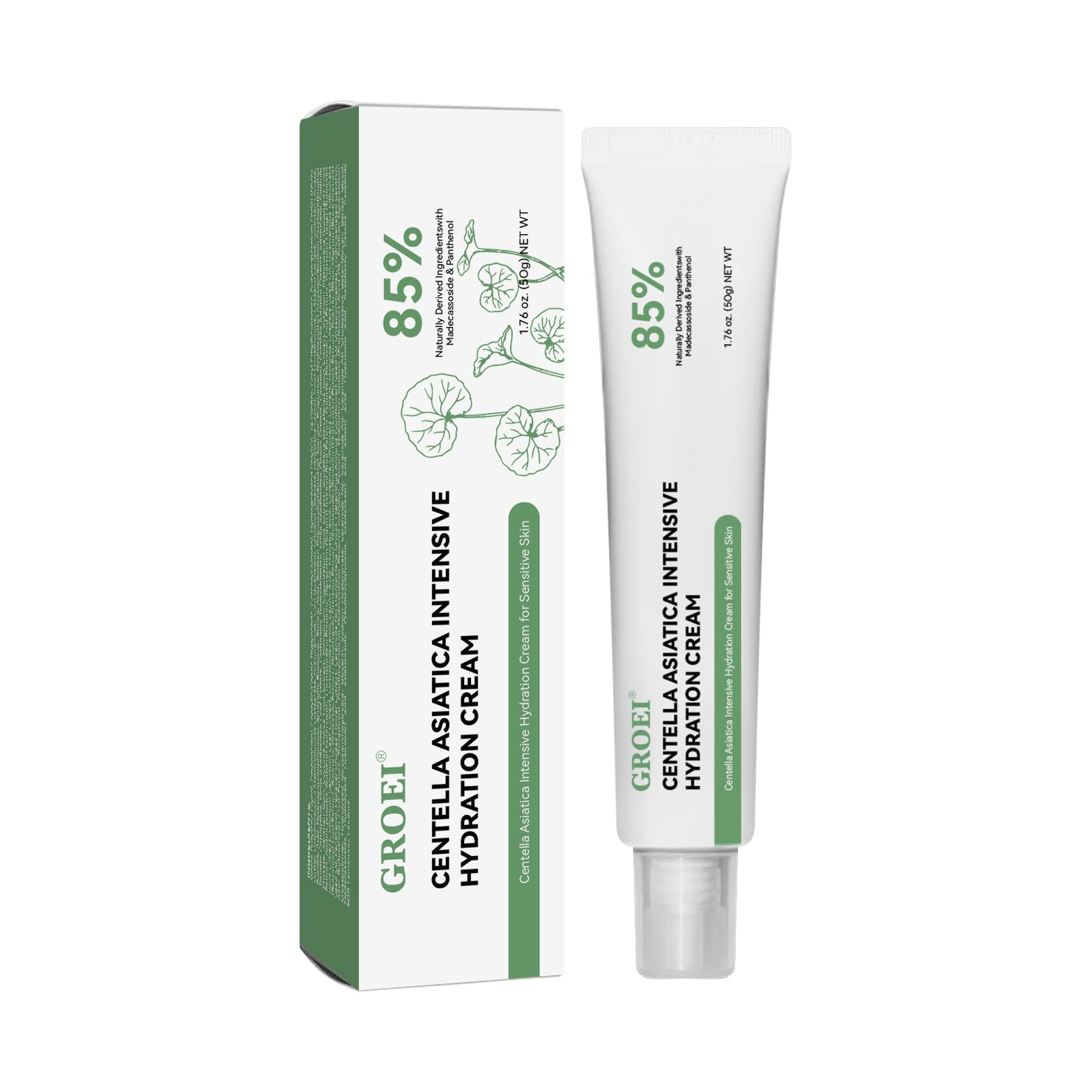 GROEI Centella Asiatica Intensive Hydration Cream bottle shows soothing formula for sensitive skin.