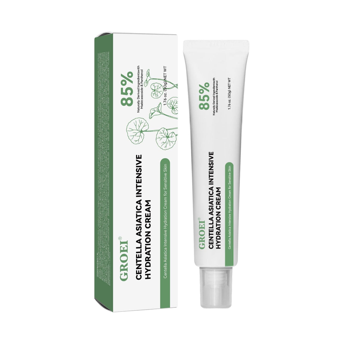 GROEI Centella Asiatica Intensive Hydration Cream bottle shows soothing formula for sensitive skin.