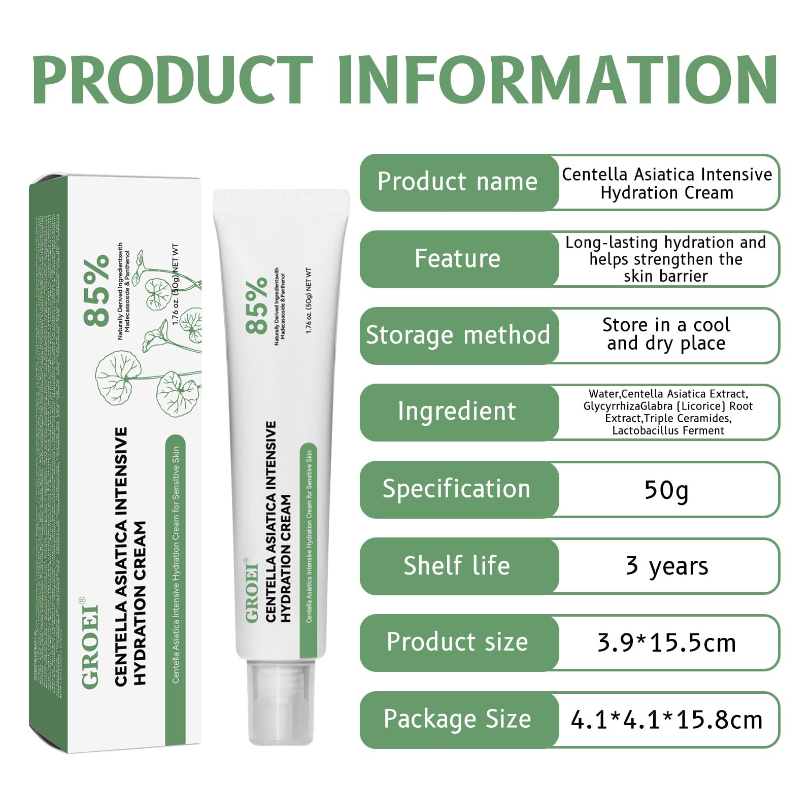 GROEI Centella Asiatica cream texture close-up shows lightweight, non-greasy finish.