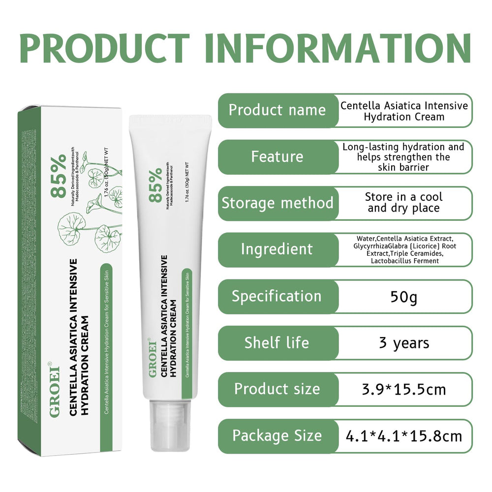 GROEI Centella Asiatica cream texture close-up shows lightweight, non-greasy finish.