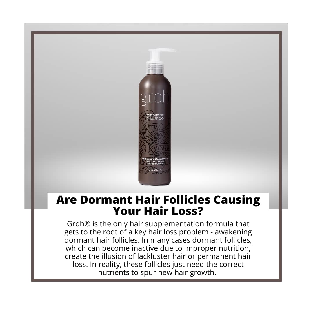 Rinsing water running through hair with GROH Restorative Shampoo.