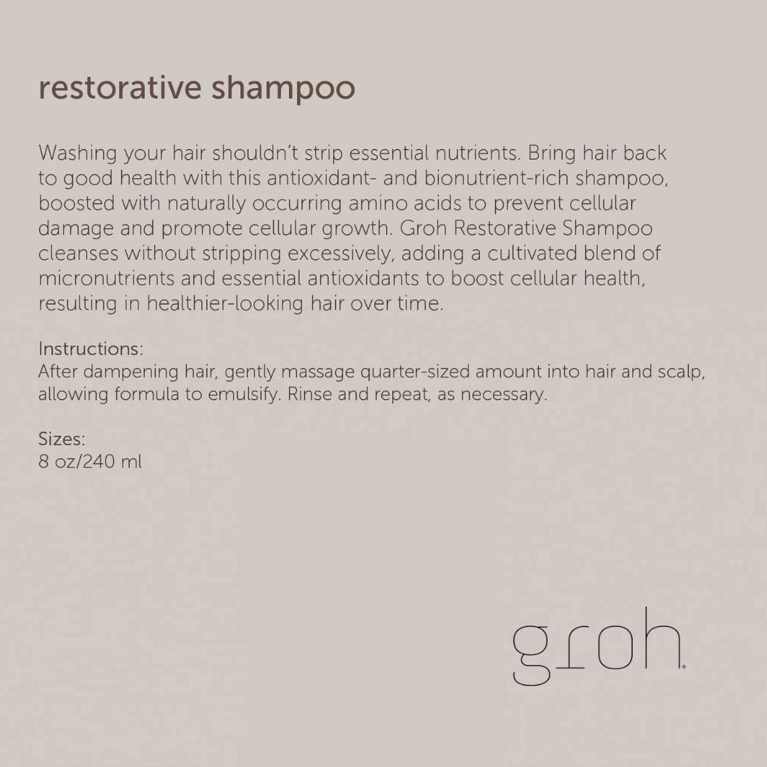 Hands massaging GROH Restorative Shampoo into scalp for follicle vitality.