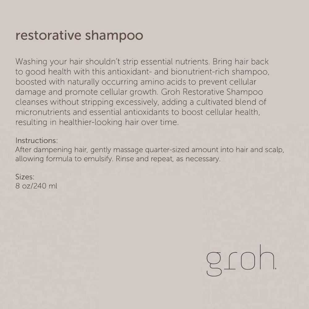 Hands massaging GROH Restorative Shampoo into scalp for follicle vitality.