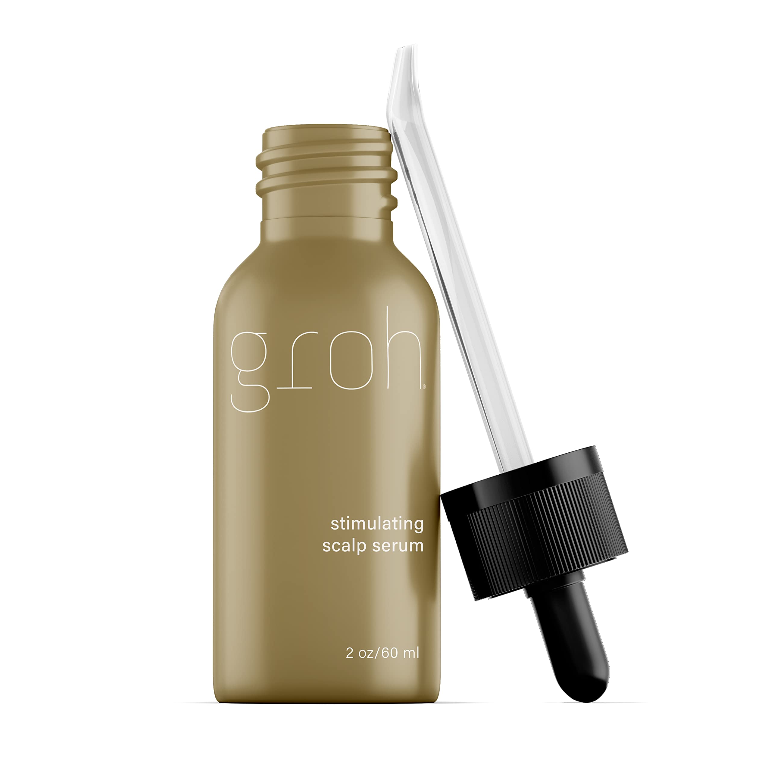 Groh Stimulating Scalp Serum bottle pour shows easy daily application for scalp care