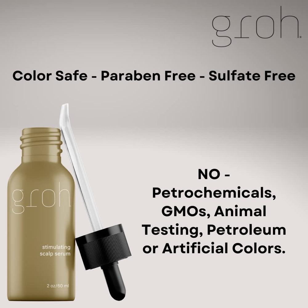 Groh Stimulating Scalp Serum 2.8 oz packaging on display for premium care