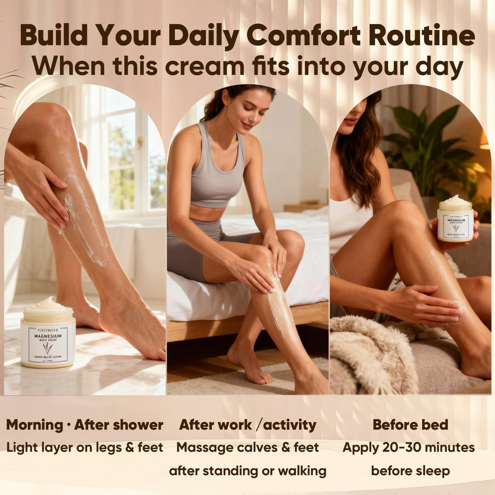 GROHESE application on feet and legs shows targeted use for daily comfort
