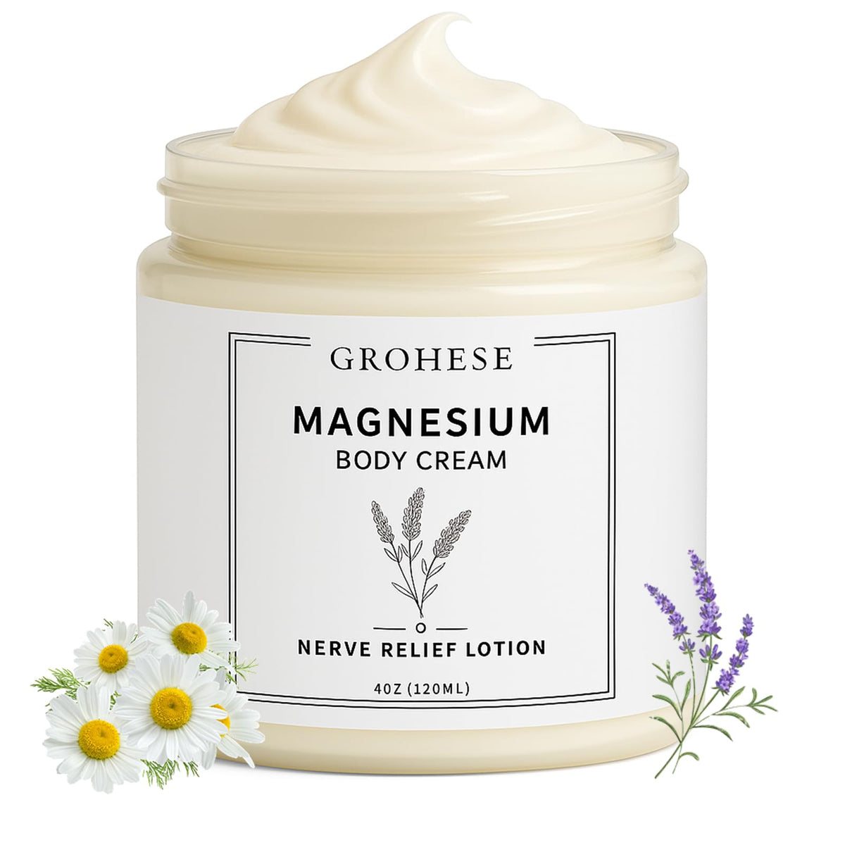 GROHESE Neuropathy Cream jar closeup shows the magnesium blend for soothing hydration