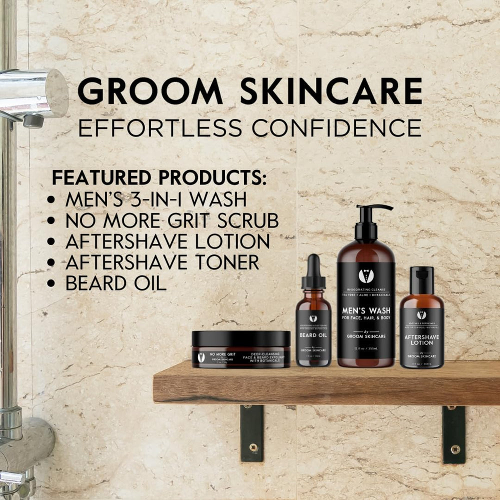 Groom Skincare bottle label closeup emphasizing gentle, user-friendly formula