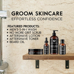 Groom Skincare bottle label closeup emphasizing gentle, user-friendly formula