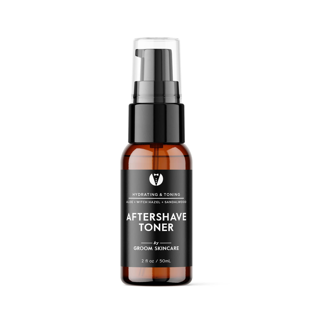 GROOM After Shave Toner bottle close-up showing calming post-shave action