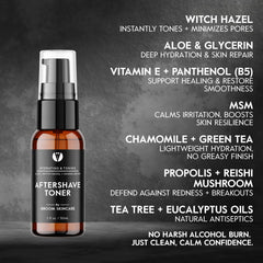 GROOM After Shave Toner bottle front emphasizes pore tightening and even skin tone