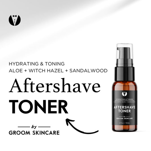 GROOM After Shave Toner pour application illustrating quick refresh after shaving