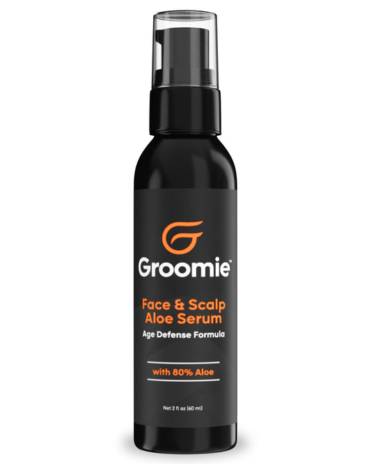 Groomie Face & Scalp Aloe Vera Serum bottle displaying sleek packaging and premium hydration.