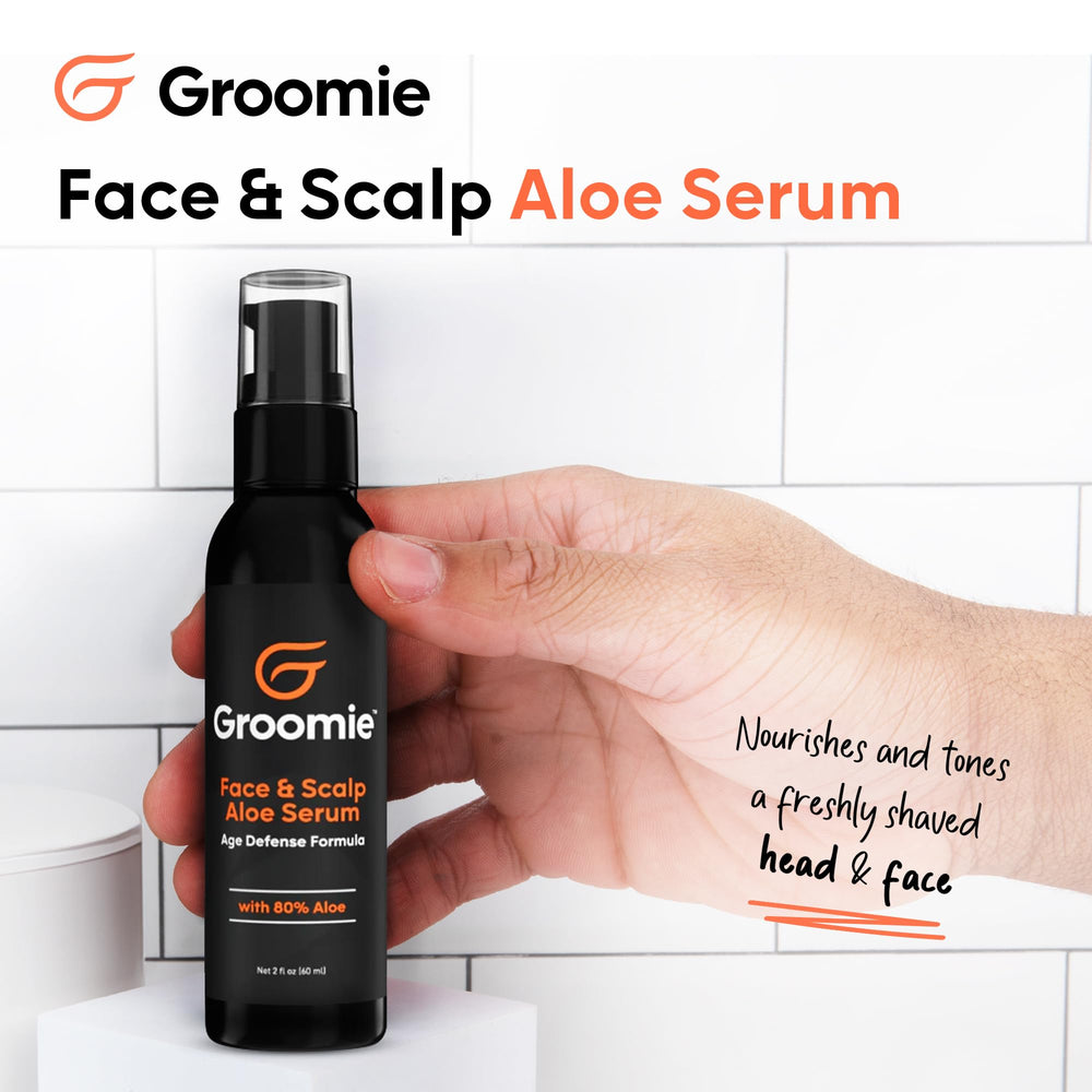 Groomie Aloe Serum pump bottle ready for daily facial and scalp care.