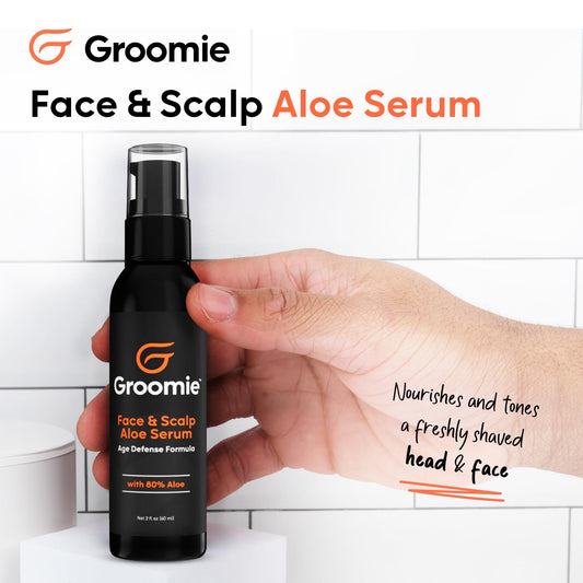 Groomie Aloe Serum pump bottle ready for daily facial and scalp care.