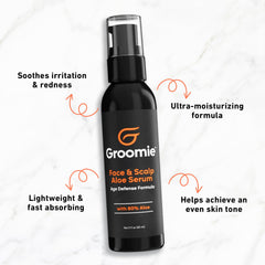 Groomie Face and Scalp Aloe Serum applied on skin for instant comfort.