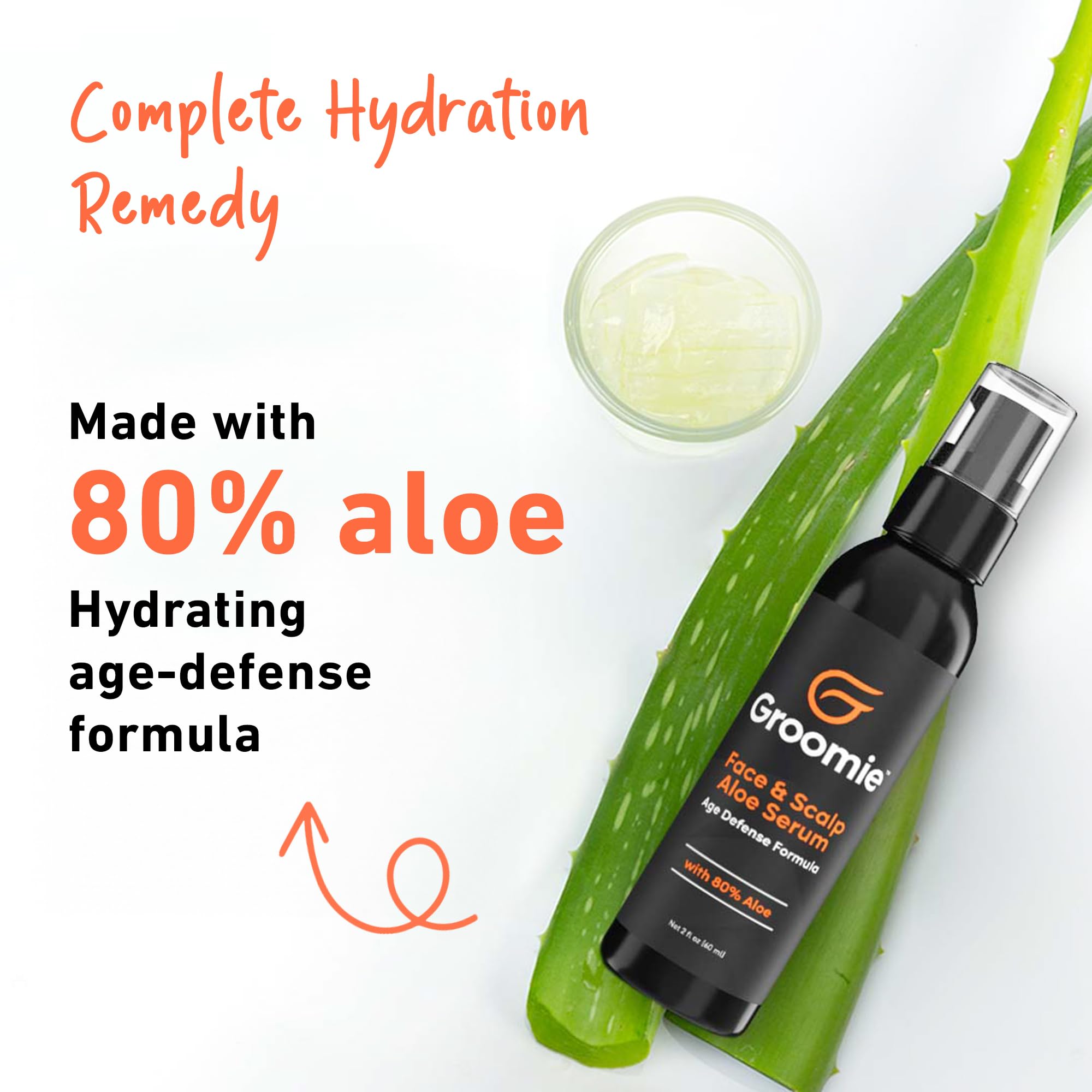 Groomie serum texture close-up shows lightweight, non-greasy absorption.
