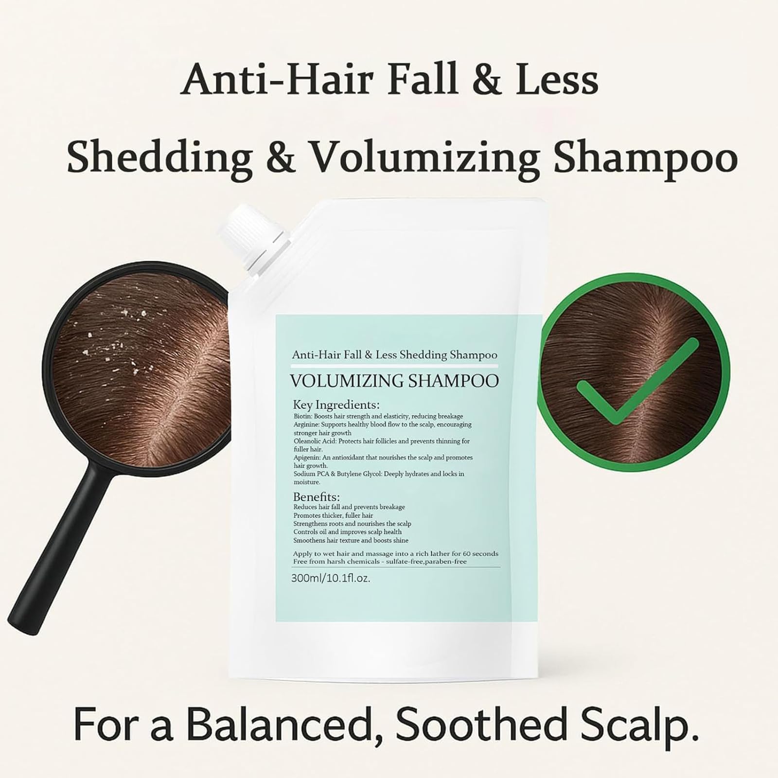Grospe Volumizing Shampoo close-up shows nourished, shiny strands.