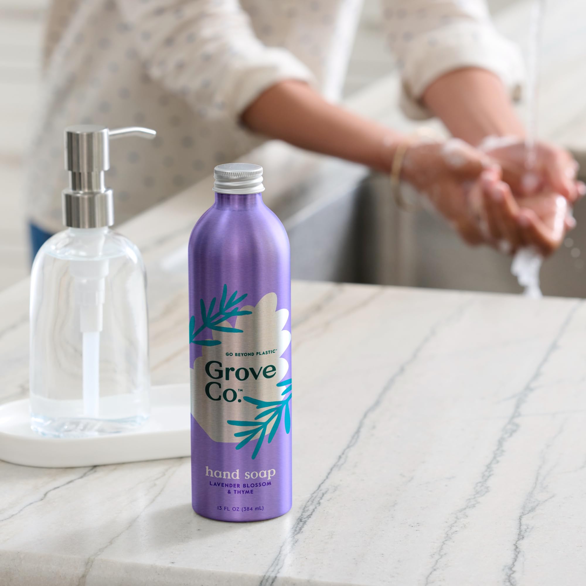 Close-up of Lavender Blossom Thyme fragrance notes in Grove Co hand soap.
