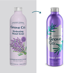 Grove Co reusable glass dispenser with stainless steel pump for plastic-free bathroom.