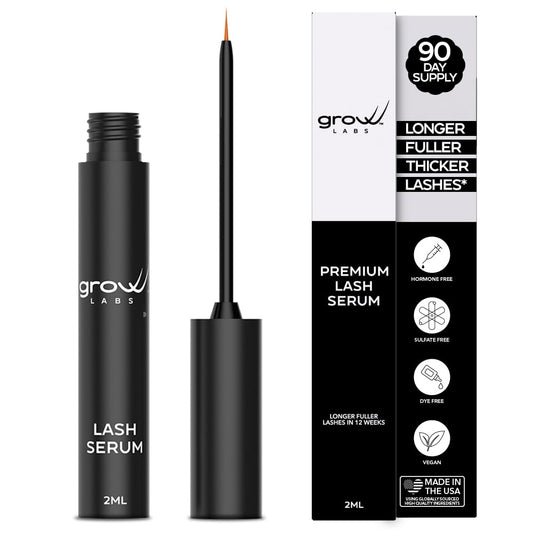 Grow Labs Lash Serum bottle on a vanity for stronger, fuller-looking lashes