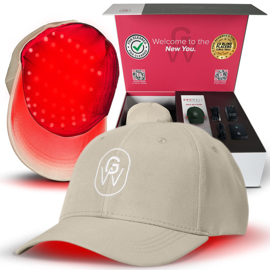 GroWell red light cap cover showing full scalp coverage for potential hair support