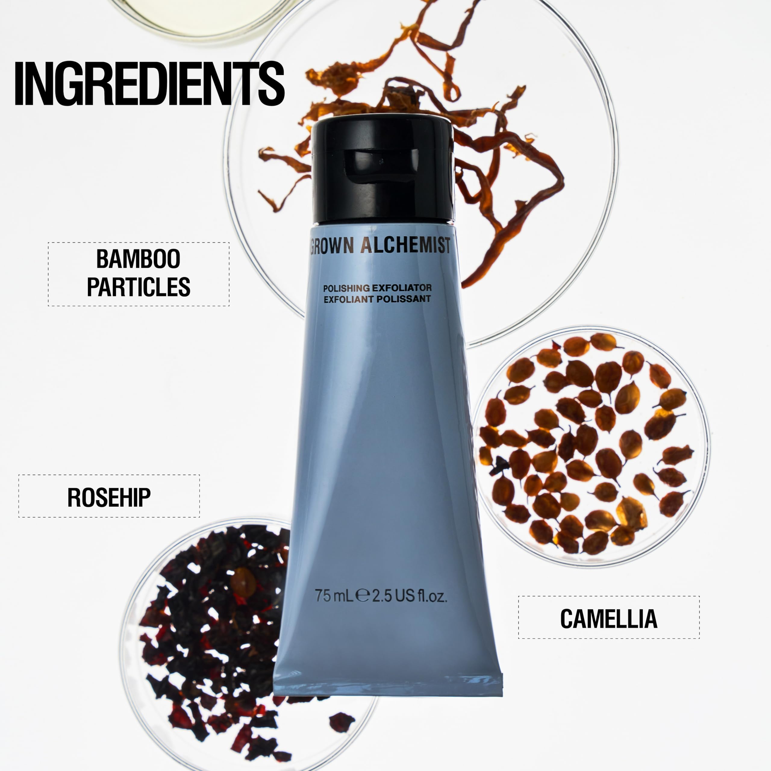 Grown Alchemist Exfoliator close-up reveals fine texture particles.
