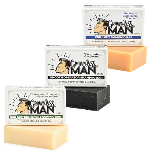 Grown Ass Man Co. Chill Dude 3-in-1 shampoo bar product shot for hair, beard and body care