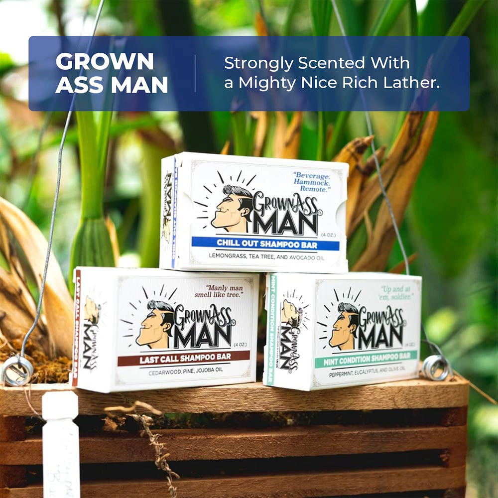 Grown Ass Man Co Chill Out bar beside travel tin for portable grooming