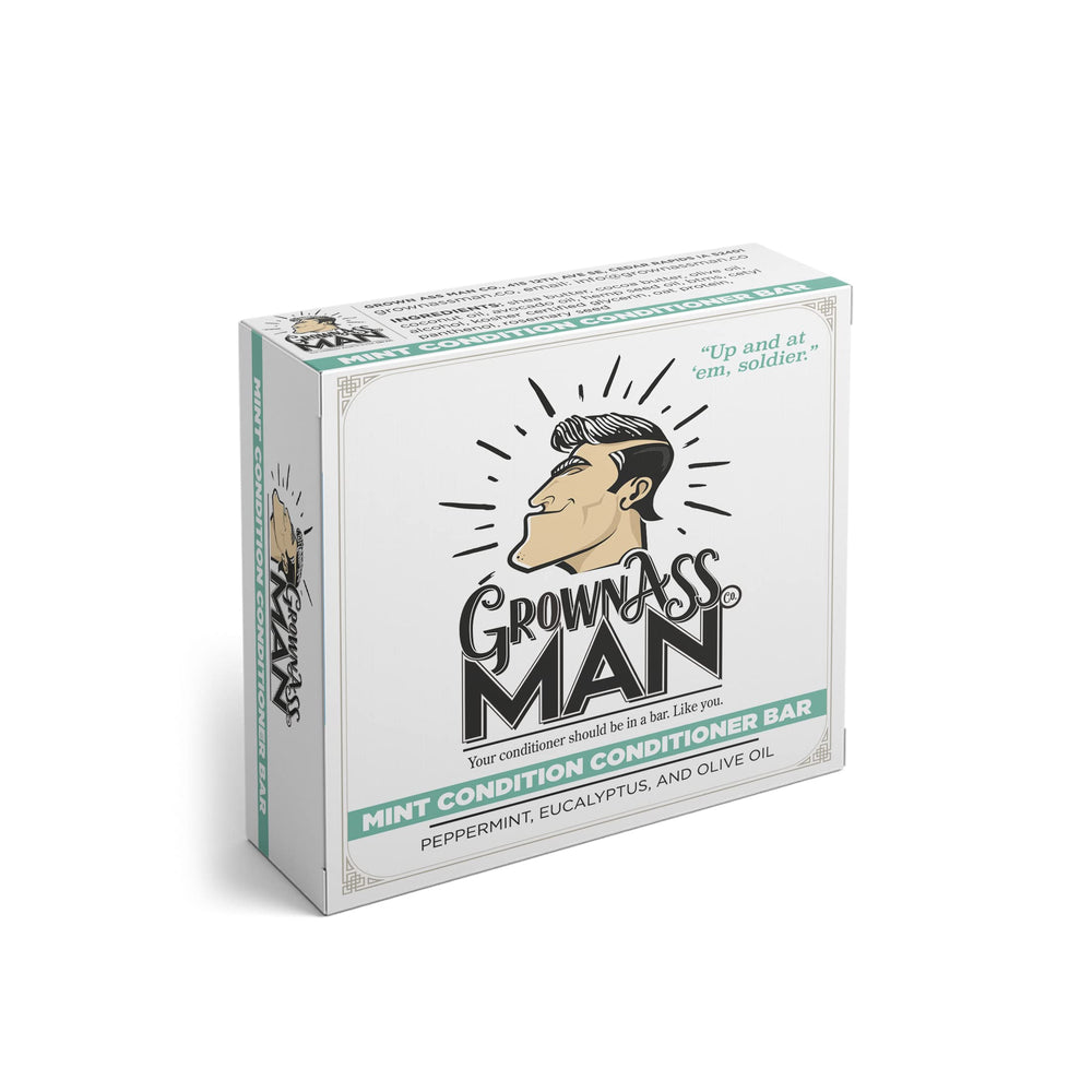 Grown Ass Man Co. Mint Condition conditioner bar leaves hair soft and manageable.