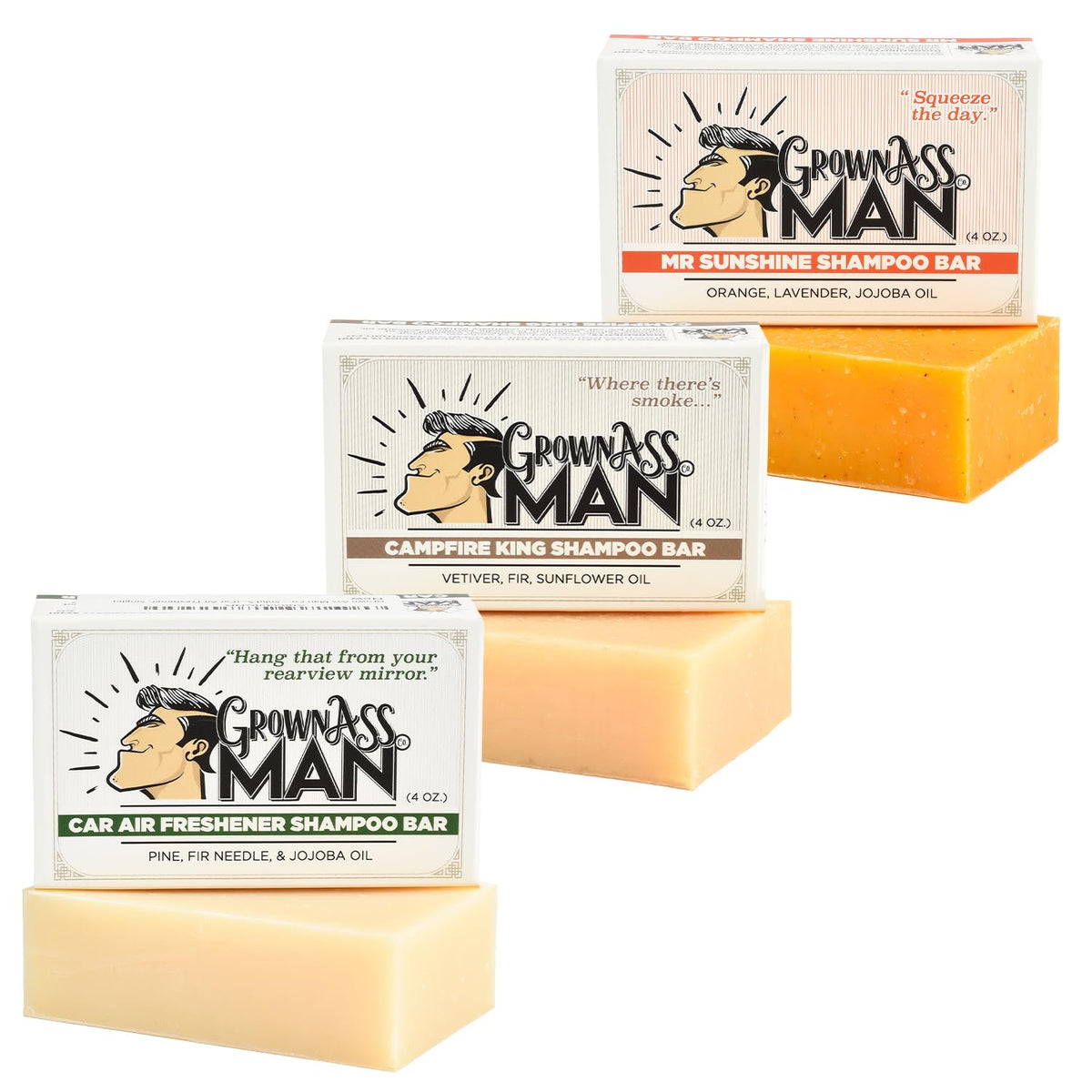 Grown Ass Man Co. forest bundle solid shampoo bar for all hair types, eco-friendly 3-in-1 wash.