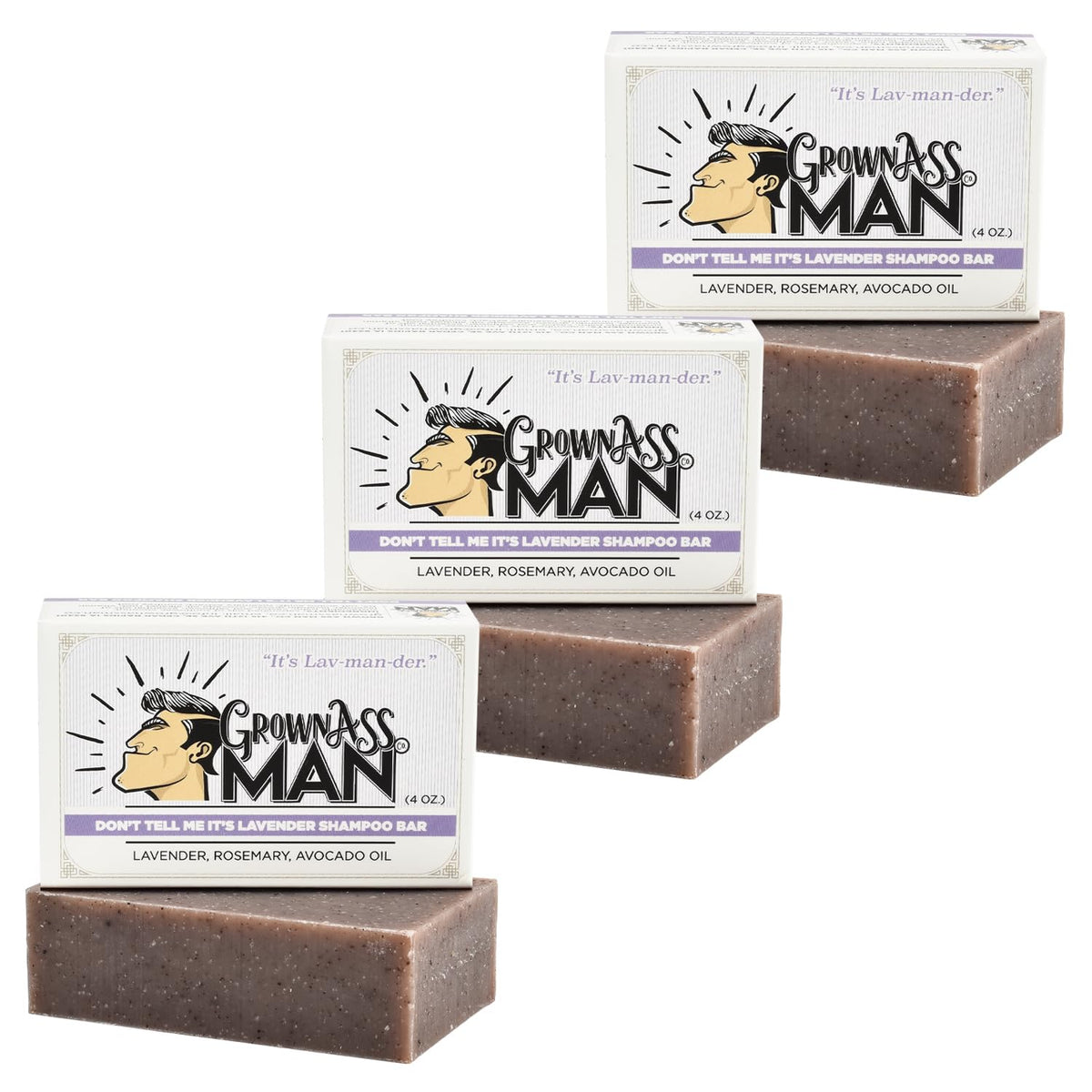 Grown Ass Man Co lavender shampoo bar packaging highlights an eco-friendly grooming routine.