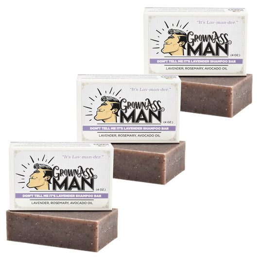 Grown Ass Man Co lavender shampoo bar packaging highlights an eco-friendly grooming routine.
