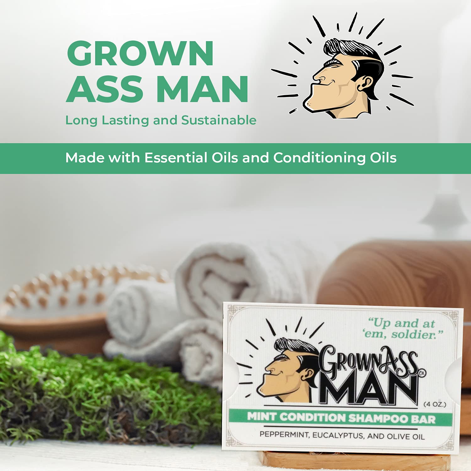 Grown Ass Man Co. plastic-free packaging highlights sustainability.