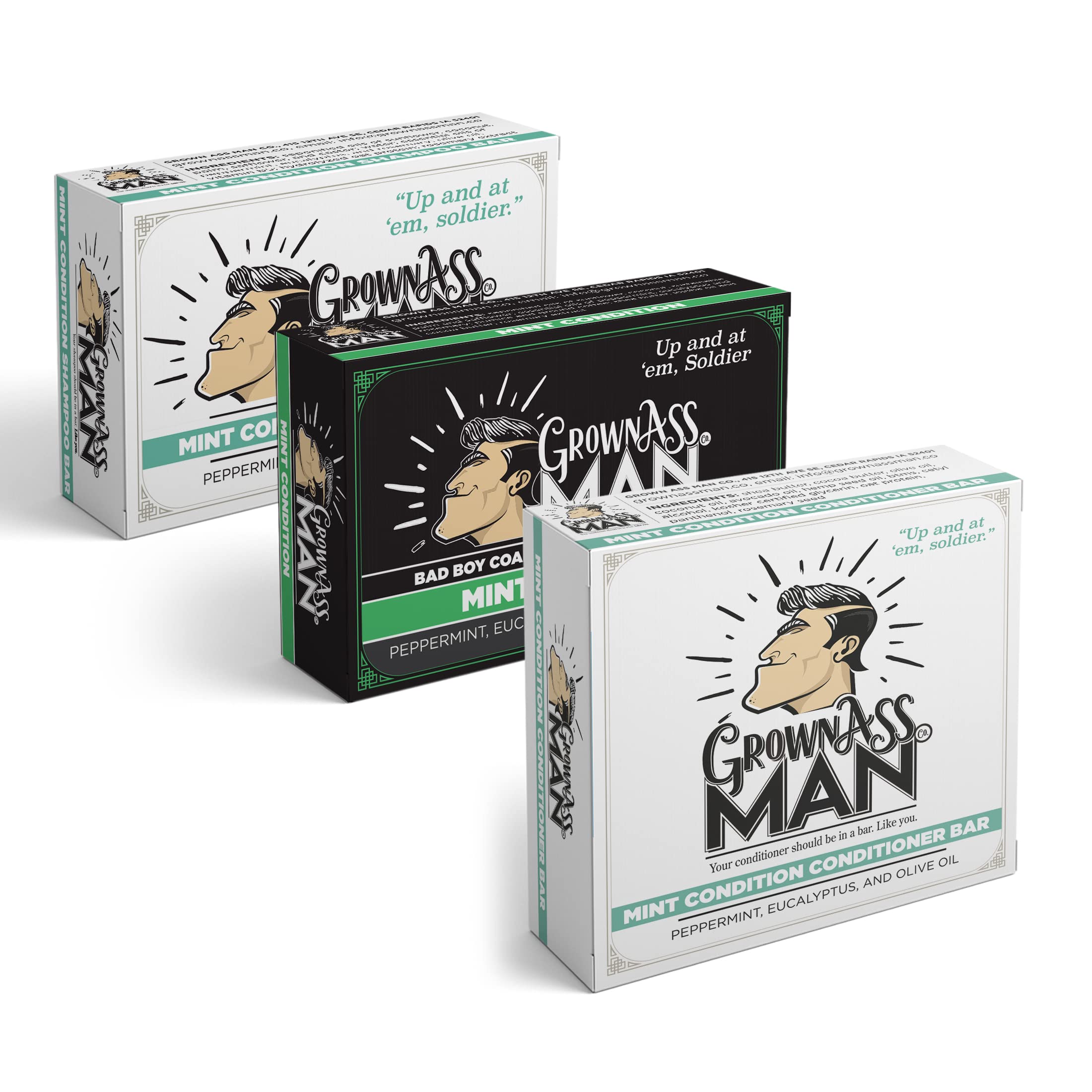 Grown Ass Man Co. Mint Condition shampoo bar revitalizes hair with refreshing scent.