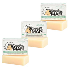 Grown Ass Man Co. Mint Condition solid shampoo bar pack display for daily cleansing.