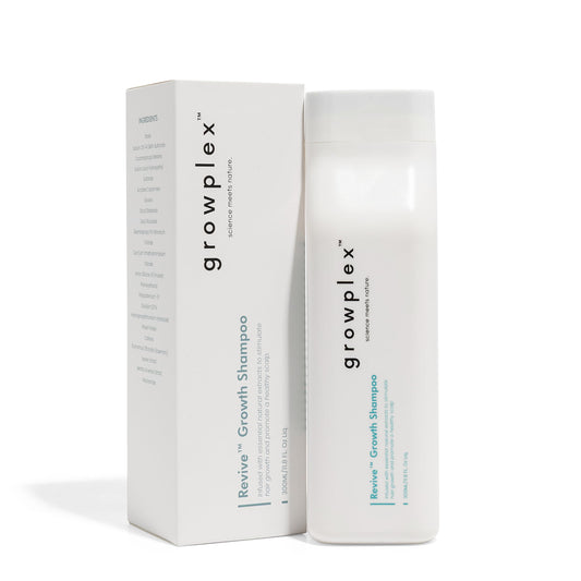 Growplex Revive Shampoo bottle close-up highlighting sulfate-free daily-use formula for scalp refresh.