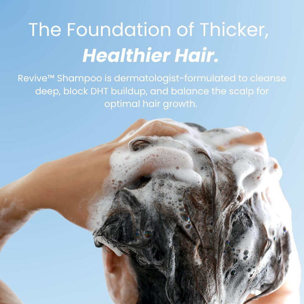 Growplex Revive Shampoo daily-use application scene on sink or shower shelf.