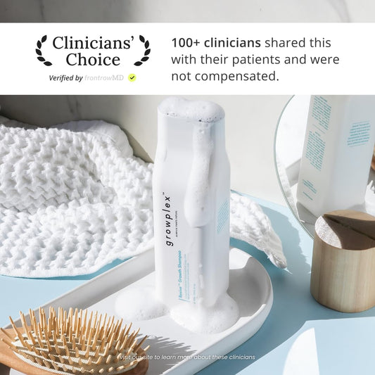 Growplex Revive Shampoo label view featuring biotin and caffeine ingredients for stronger-feeling hair.