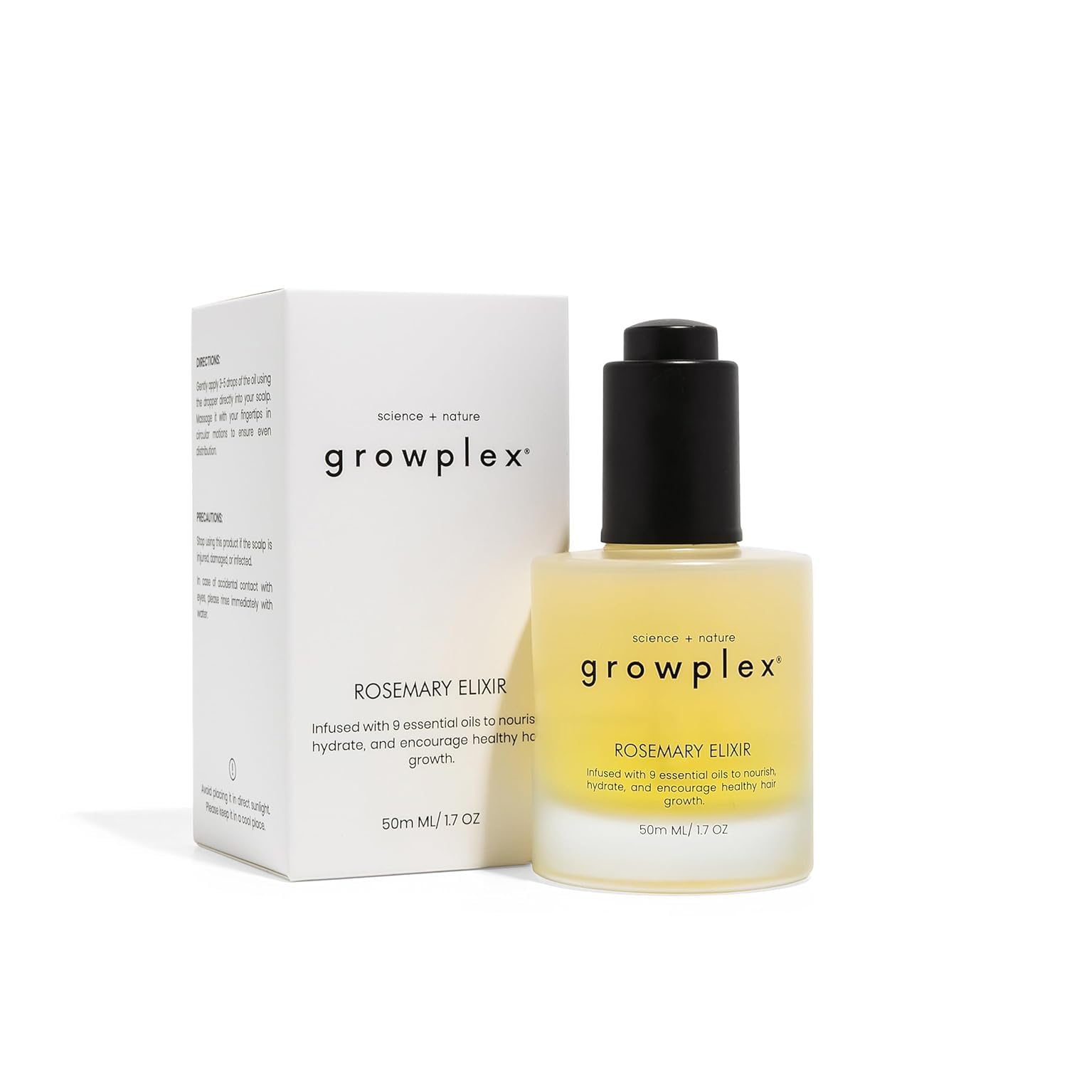 Growplex Rosemary Elixir bottle for daily scalp care with a lightweight feel.