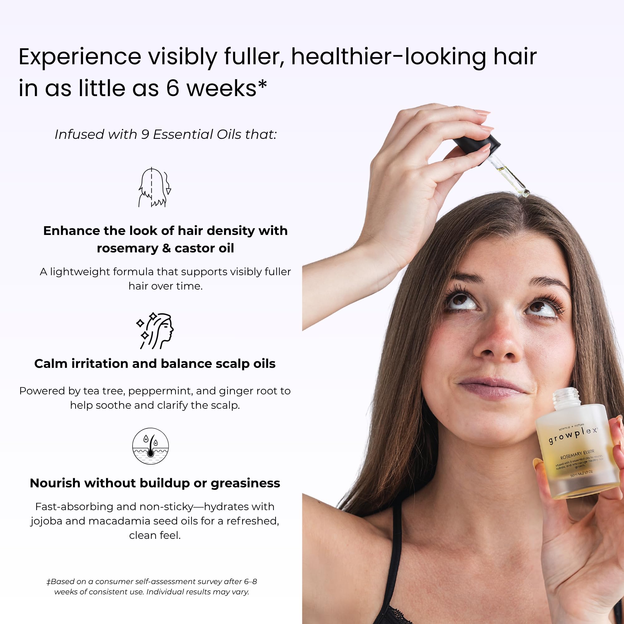 Growplex Rosemary Elixir ingredients highlight rosemary and jojoba benefits.