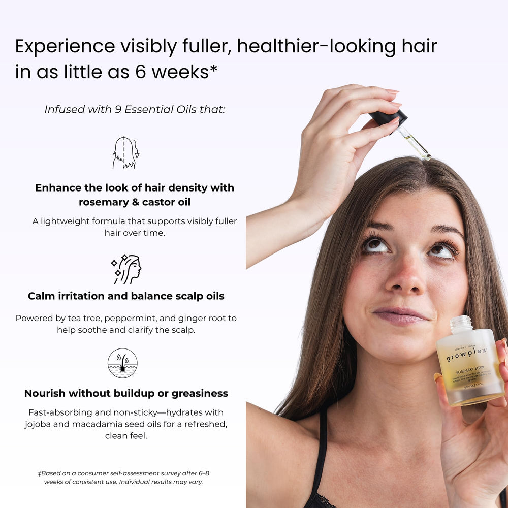 Growplex Rosemary Elixir ingredients highlight rosemary and jojoba benefits.