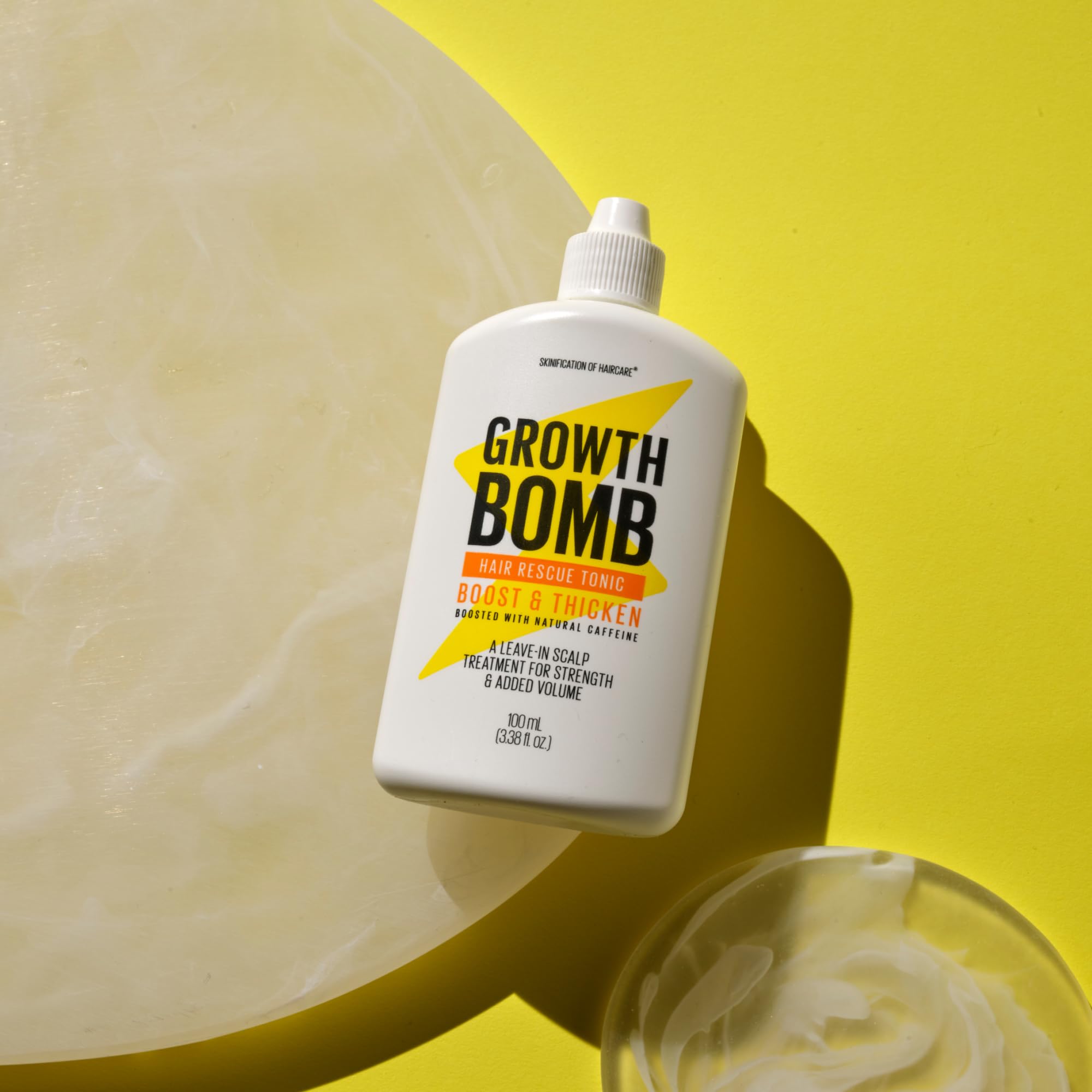 Growth Bomb 100 ml label emphasizes plant-based scalp care for daily use.