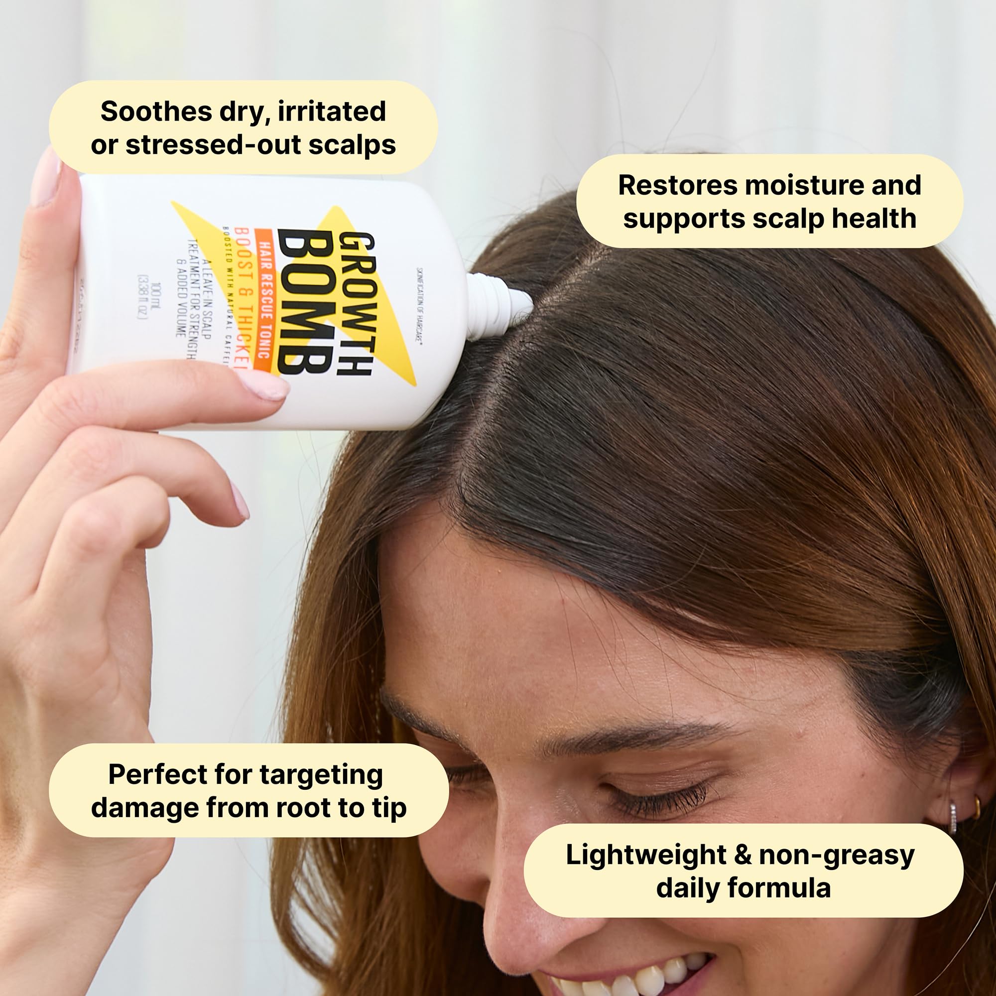 Growth Bomb application hands demonstrate daily use for root-to-tip care.