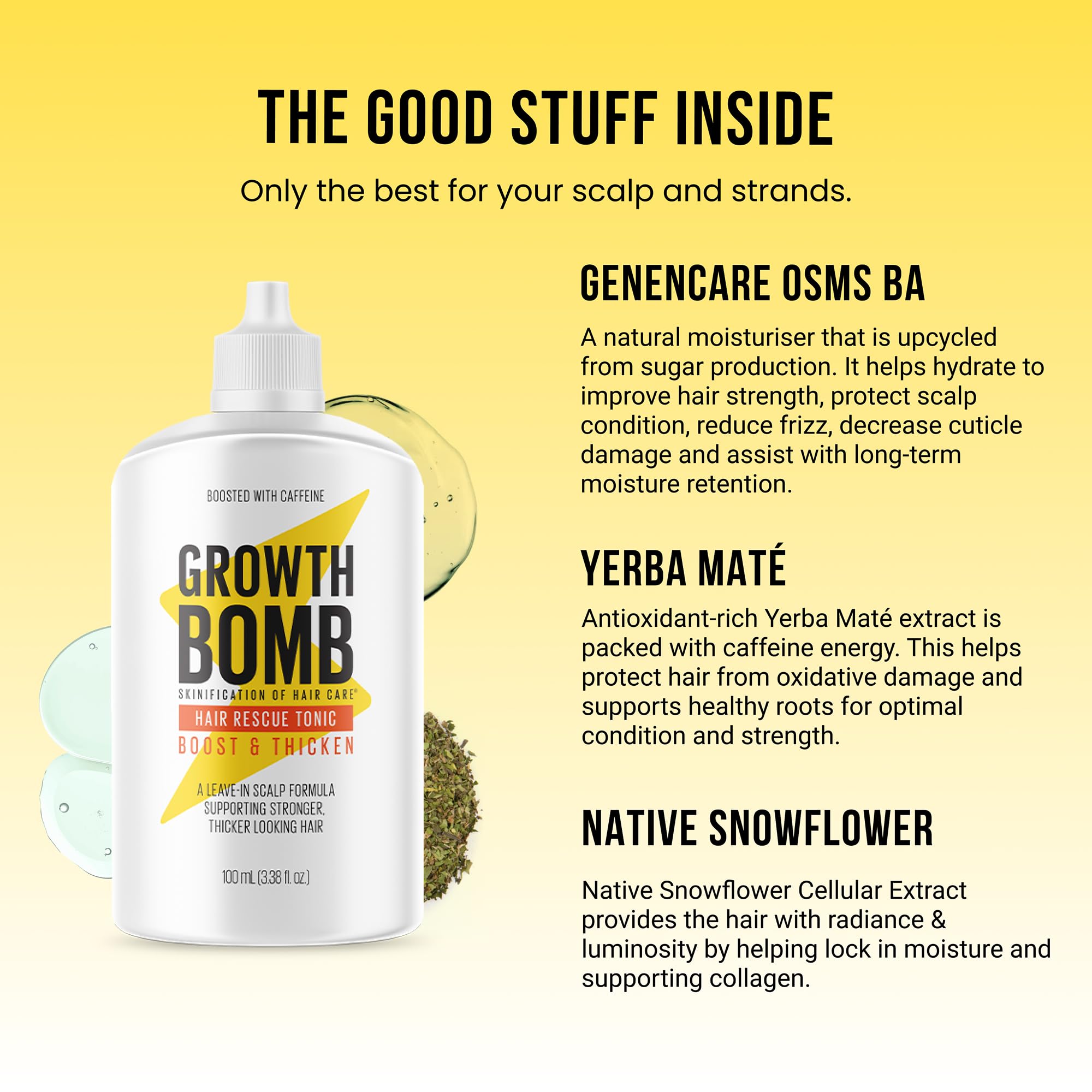 Growth Bomb botanical ingredients including yerba mate support nourishing scalp care.
