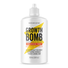 Growth Bomb Hair Rescue Tonic bottle supports daily scalp care for fuller-looking hair.